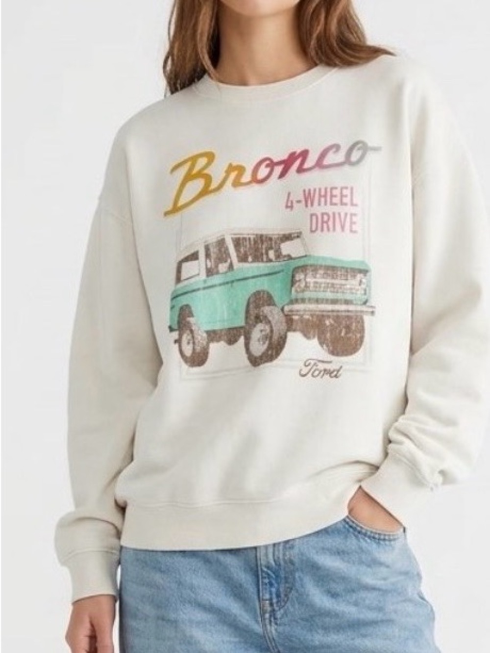 Ford Bronco Cream Oversized Graphic Crewneck Sweatshirt S Retro Western-Inspired